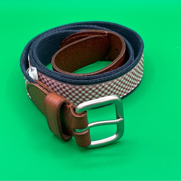 Men's Size 34 J.Crew Leather Blue Canvas Red White Quilt Pattern Belt EUC USA - Picture 1 of 7